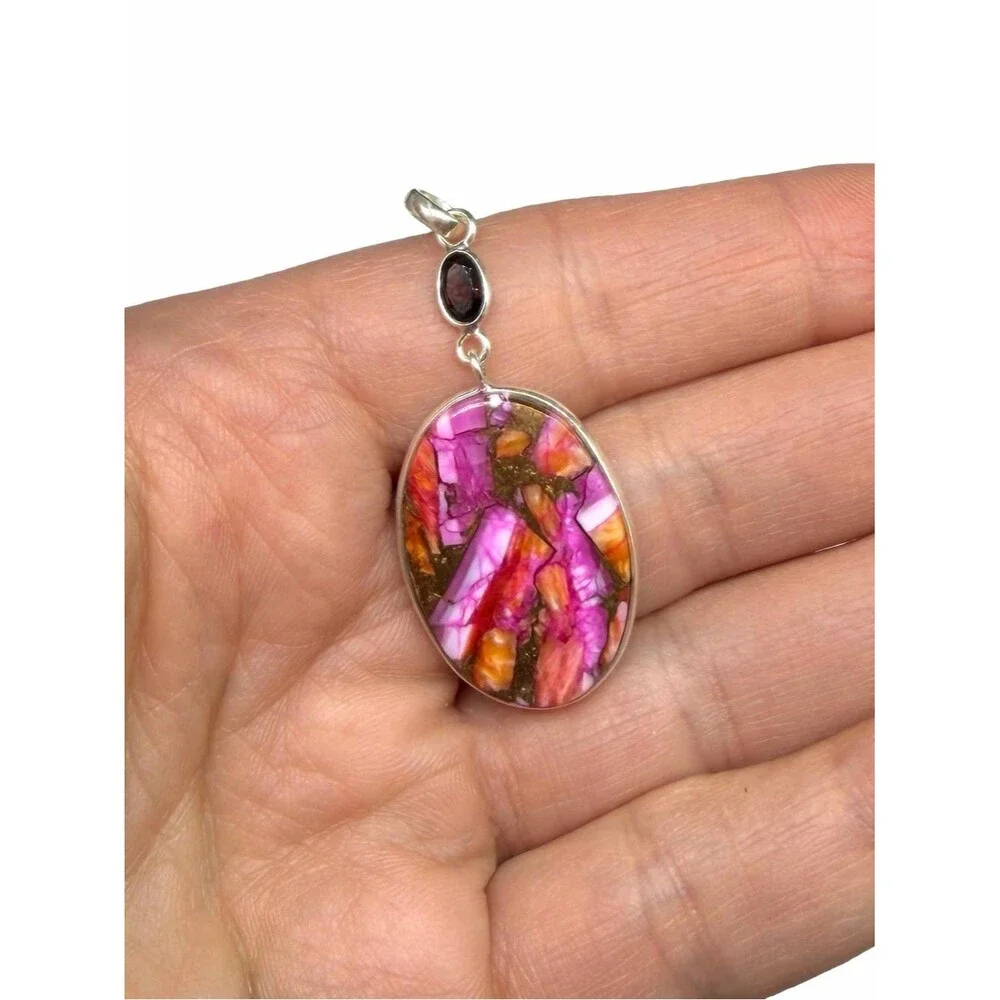 Kingman Pink Dahlia Turquoise Garnet Necklace Pendant Solid 925 Sterling Silver